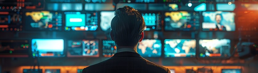 Businessman in a control room monitoring multiple screens showcasing various news and data, depicting modern technology and information management.