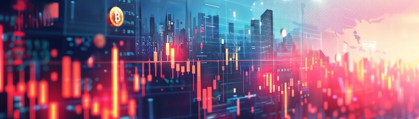 Naklejka premium Side view of a cryptocurrency market, minimalist design, soft pastel colors, featuring subtle charts and coins, digital illustration