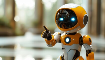 A robot with a blue eye pointing to the right by AI generated image