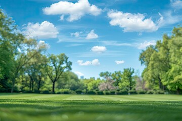 Fototapeta premium Beautiful blurred background image of spring nature with a neatly trimmed lawn surrounded by trees against a blue sky with clouds on a bright sunny day with generative ai
