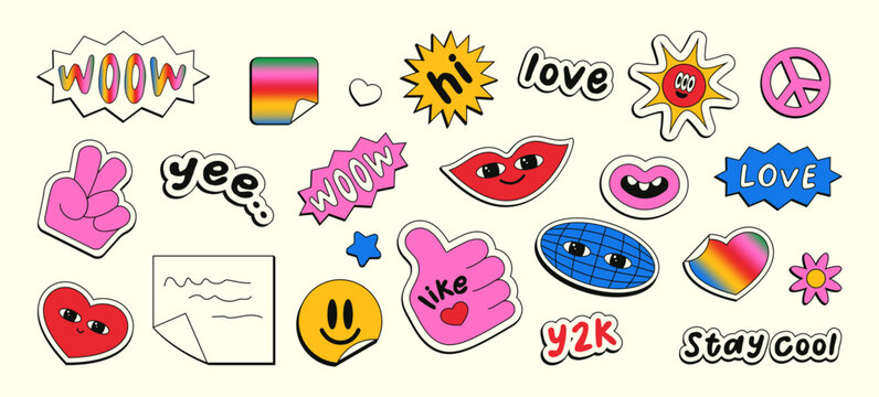 Y2k style stickers. Teen trendy doodles set in 90s and 2000s style. Vector stickers of heart, hand, sun, star, wow, planet. Pop Art Graphic Elements.
