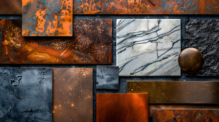 An abstract background with various textures. Combine elements like marble with intricate veins, wood grain with natural patterns, and sleek metal surfaces to form a rich, multi-layered tapestr