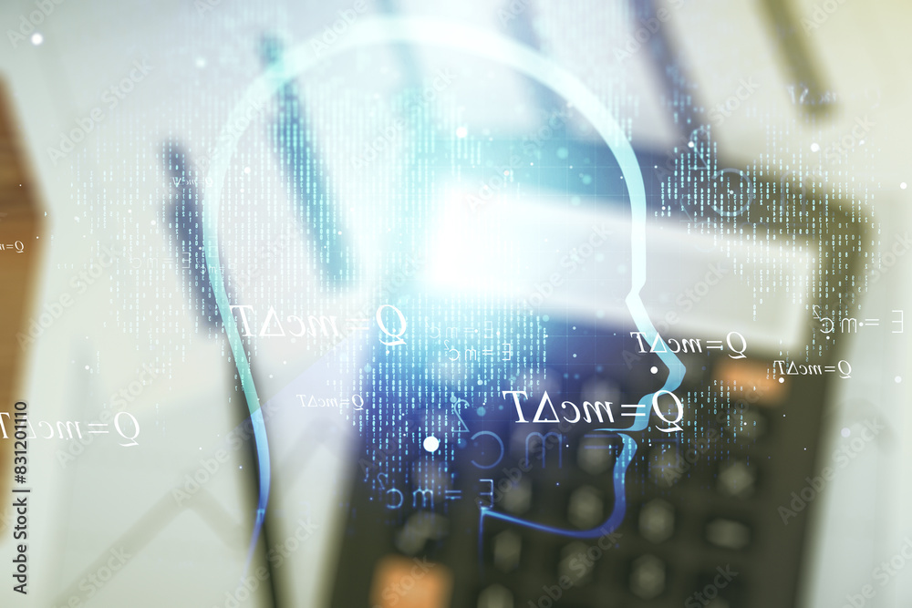 Aufkleber abstract virtual artificial intelligence concept with human head sketch on blurry calculator and pap