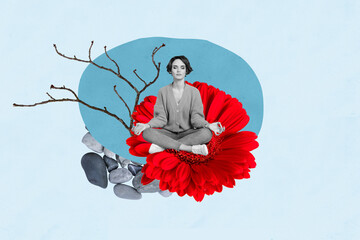 Composite trend artwork 3D image photo collage of black white figure young lady meditating yoga sit...