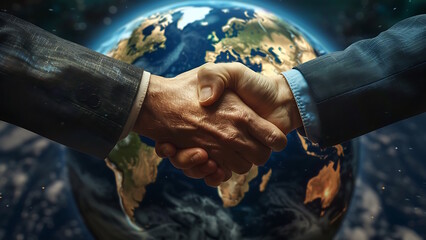Businessman shaking hands with earth background.