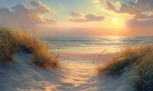 A serene beach scene with sand dunes and sea grass overlooking the ocean at sunset