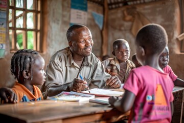 A man interacts with a group of children at a table in a lively classroom setting