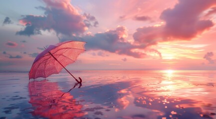 An umbrella in the shape of stands on water, against the background of an evening sky with pink clouds