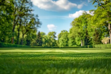 Beautiful blurred background image of spring nature with a neatly trimmed lawn surrounded by trees against a blue sky with clouds on a bright sunny day with generative ai