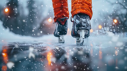 Skating on ice with his hockey skates close up.