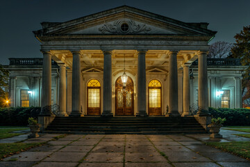 Neoclassical Building Illuminated at Night with Warm Interior Lighting Highlighting Classical Architecture and Heritage