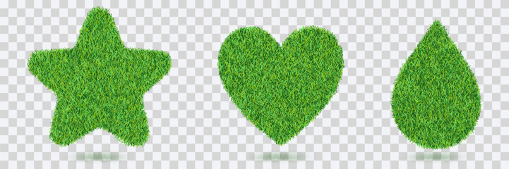 Water drop, star, heart shapes with realistic lawn grass texture on transparent background. Vector eco plant or garden design element. Ecology environment concept