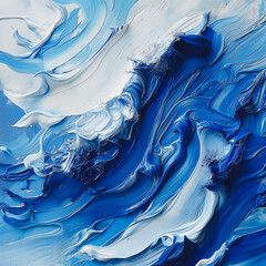 The painting is a blue and white wave with a lot of texture