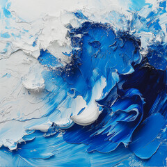 The painting is a blue wave with white splatters