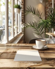 Coffee cup on wooden table with blank paper in cafe