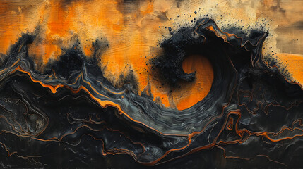 A painting of a wave with a black and orange color scheme
