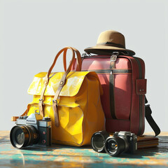 Two classic style travel bags with some other travel gear. 3d low poly image travel concept.
