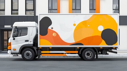 White delivery truck with colorful abstract design parked in front of a building.