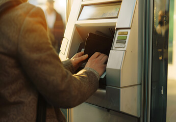"Man Using ATM Machine for Automatic Savings, Holding Black Wallet
