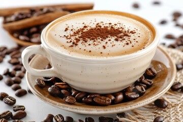 Closeup of a creamy cappuccino topped with cinnamon, surrounded by roasted coffee beans