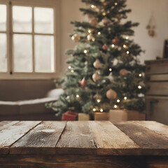 christmas tree on table.rustic dusty wooden table with a blurred warm living room and Christmas tree as the backdrop.