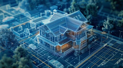 Obraz premium 3D rendered digital blueprint of a house, ideal for illustrating architectural plans and home designs. Great for real estate and construction visuals