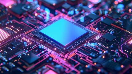 Central blue processor on a glowing multicolored circuit board, highlighting the essence of modern technology. Great for tech-related visuals