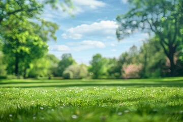 Obraz premium Beautiful blurred background image of spring nature with a neatly trimmed lawn surrounded by trees against a blue sky with clouds on a bright sunny day with generative ai