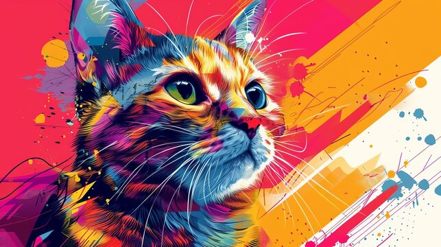Manx Cat in vibrant pop art style, colorful geometric background close up, whimsical, blend mode, cityscape backdrop