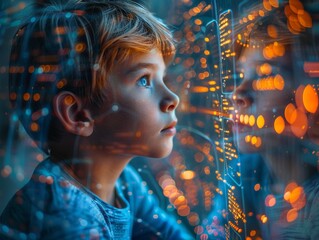 A young boy is looking at a computer screen with a blurry background