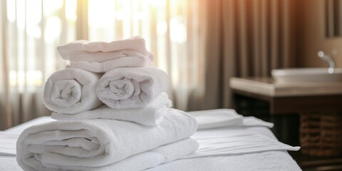 White towels on massage table in spa room.