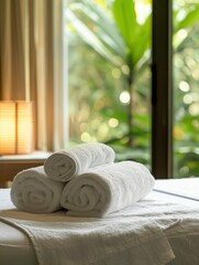 White towels on massage table in spa room.