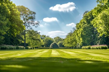 Obraz premium Beautiful blurred background image of spring nature with a neatly trimmed lawn surrounded by trees against a blue sky with clouds on a bright sunny day with generative ai