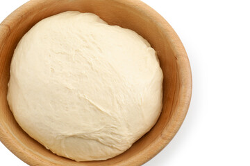 Raw dough in bowl isolated on white, top view