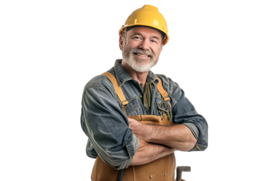 Elderly Male Construction Worker in Safety Gear and Hard Hat on White Background