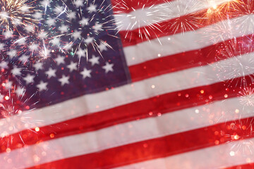 American flag with glitter fireworks bokeh background