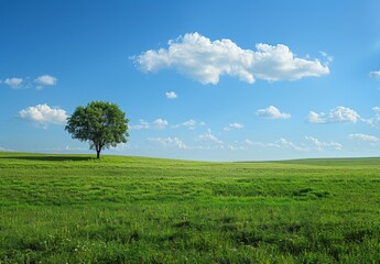 A lush green meadow with a single large tree standing tall in the distance. The expansive open sky above the peaceful meadow offers a tranquil background for text about growth and serenity.