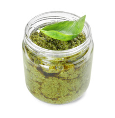 Fresh tasty pesto sauce isolated on white