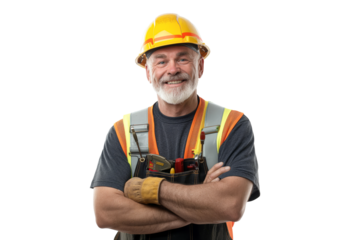 Elderly Male Construction Worker in Safety Gear with Tools on White Background