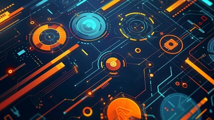 Abstract Futuristic Technology Background with Orange and Blue Circuits and Interfaces
