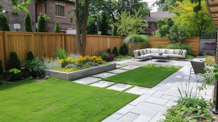Backyard renovation featuring new patio installation, refreshed garden beds, and arranged outdoor furniture