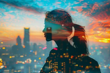 Fototapeta premium Double exposure of a woman's silhouette with a cityscape background under a vibrant sunset sky, expressing urban lifestyle and creativity.