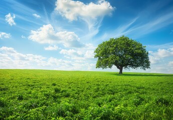 Fototapeta premium A lush green meadow with a single large tree standing tall in the distance. The expansive open sky above the peaceful meadow offers a tranquil background for text about growth and serenity.