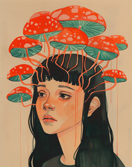 A surreal portrait of a woman with mushrooms growing from her head blending elements of nature and imagination in a vivid and artistic depiction