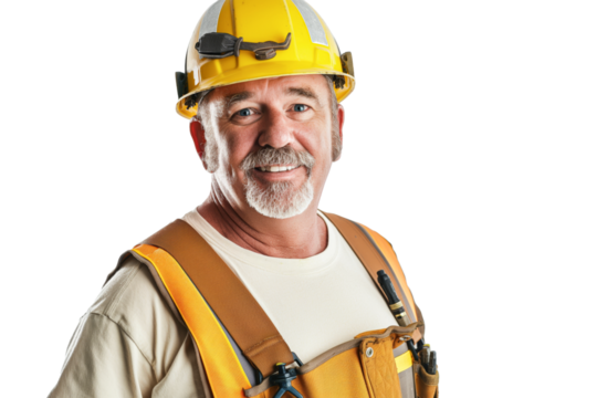 Elderly Male Construction Worker in Safety Gear and Hard Hat on White Background