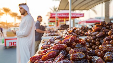 Indian dates market, many boxes of dried and fresh date fruits for sale at the desert bazaar in Jazan