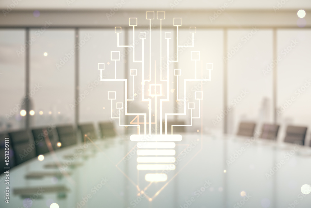 Poster virtual creative idea concept with light bulb and microcircuit illustration on a modern conference r