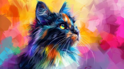 Norwegian Forest Cat in vibrant pop art style, colorful geometric background close up, whimsical, blend mode, cityscape backdrop