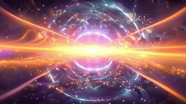 An otherworldly depiction of the strong force with luminous waves of energy originating from the center of the gluon field.