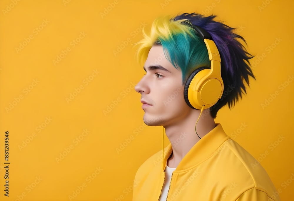 Wall mural A young man with dyed hair wearing large headphones against a bright yellow background - Wall murals